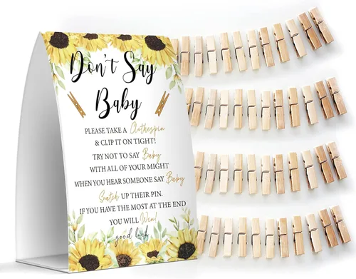Vista 20 de Juego de texto en inglés "Don't Say Baby", un letrero de 5 x 7 pulgadas y 50 mini pinzas para la ropa, juegos de baby shower, decoración de baby