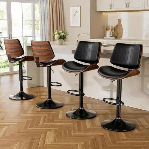 Vista 7 de YaFiti Taburetes de bar ajustables, modernas sillas giratorias de piel sintética con respaldo, taburetes de isla de cocina sin brazos, color negro