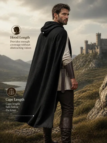 Vista 5 de JPXH Juego de capa medieval con cinturón y muñequeras para disfraz de Negro