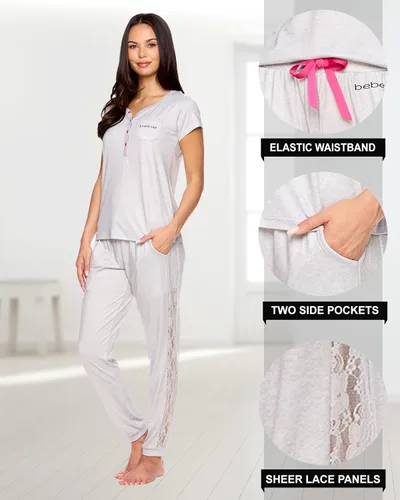 Vista 3 de bebe Conjunto de pijama para mujer, camisa de manga corta con pantalones de encaje para mujer