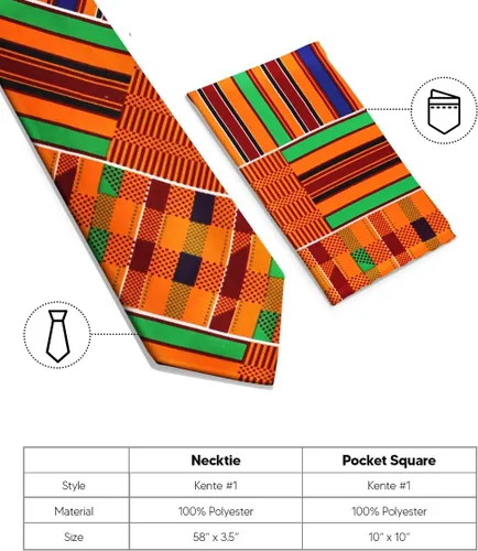 Vista 45 de Juego de corbata Kente con estampado africano y animal y pañuelo de bolsillo a juego