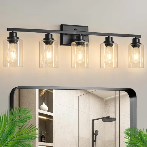 Vista 17 de Ascher Apliques de pared de 2 luces, moderna lámpara de tocador con pantalla de vidrio transparente, lámpara de pared de níquel cepillado
