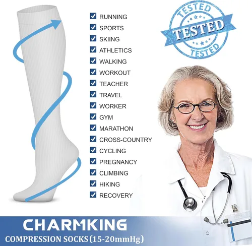 Vista 6 de CHARMKING Calcetines de compresión para mujeres y hombres (4 pares) de 15 a 20 mmHg es el mejor apoyo para atletismo, correr, ciclismo
