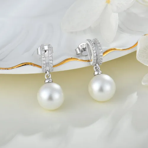 Vista 5 de Pendientes de perlas de plata de ley 925 para mujer, pendientes colgantes con joyas