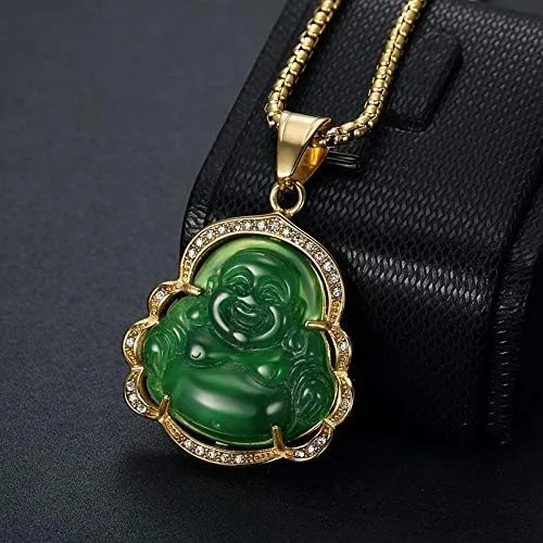 Vista 3 de COLORFUL BLING Lucky Laughing Buddha - Collar con colgante de jade verde con circonita cúbica, amuleto de piedras preciosas para mujeres y hombres