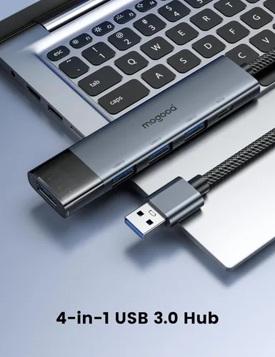 Vista 2 de MOGOOD Hub USB 3.0, divisor USB de 5 puertos para portátil y PC, adaptador USB de aluminio con cable trenzado de 35.4 in, transferencia rápida de 5