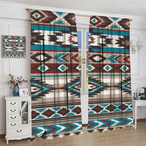 Vista 391 de Cortinas con patrón geométrico tribal, estilo suroeste, azteca, rústico, occidental, nativo americano, opacas, con bolsillo para barra, decoración