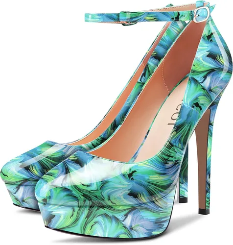 Vista 4 de Aachcol Zapatos de tacón de aguja para mujer, con punta redonda, correa de tobillo sin cordones, tacón alto, zapatos de vestir para fiesta, boda