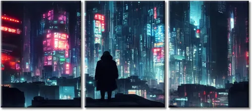 Vista 121 de Arte de pared de 3 piezas de escena de ciencia ficción de la calle comercial futurista paisaje urbano, decoración de pared para dormitorio
