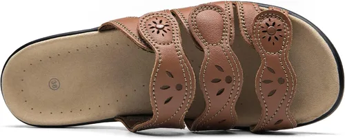 Vista 6 de Sandalias clásicas de cuero para mujer, sandalias casuales con soporte de arco, correas ajustables de gancho y bucle, zapatos para exteriores 2024