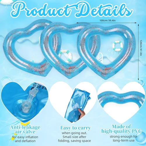 Vista 2 de Flotador inflable de 3 piezas de corazón para piscina, anillos de natación inflables con purpurina, despedida de soltera, tubo flotador, anillo
