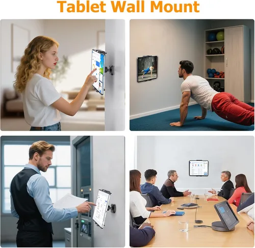 Vista 5 de OHLPRO Soporte de pared para tableta, giratorio de 360°, ajustable, universal, soporte para iPad, para cocina, oficina, almacén, hogar, compatible