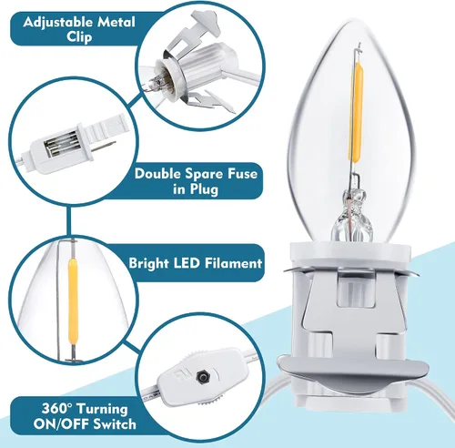 Vista 4 de Cable accesorio de luz de pueblo navideño con 6 bombillas LED, lámpara LED C7 de 11.5 pies con doble fusible y enchufes de interruptor