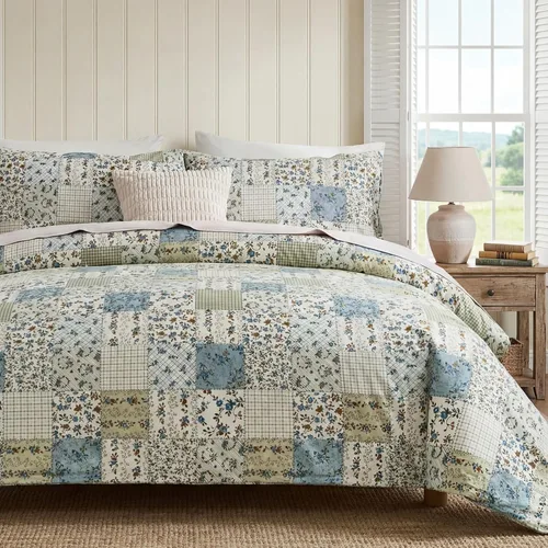 Vista 33 de Juego de edredón floral azul tamaño Queen, juego de ropa de cama botánica azul 100% algodón, edredón suave transpirable de 3 piezas y 2 fundas
