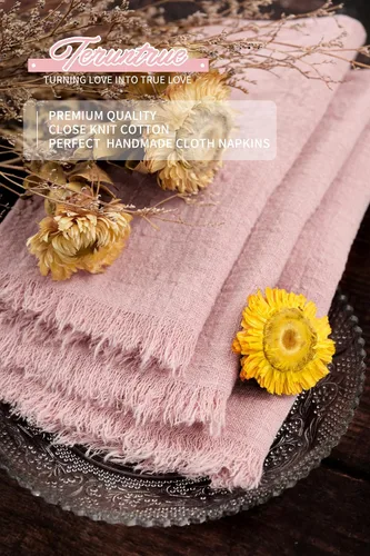 Vista 6 de Paquete de 40 servilletas de tela rosa de algodón y lino a granel de 16.5 x 16.5 pulgadas, servilletas de gasa hechas a mano con flecos, de algodón