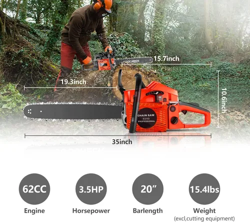 Vista 2 de COOCHEER Motosierra de Gas Mejorada de 62CC 3.5-HP 2 Ciclos de 20 Pulgadas con Bolsa de Transporte y Kit de Herramientas, Motosierras a Gas