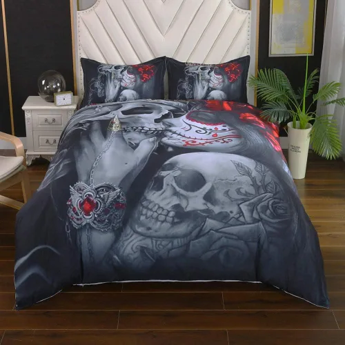 Vista 3 de Juego de funda de edredón con diseño de calavera de azúcar gótica oscura 3D