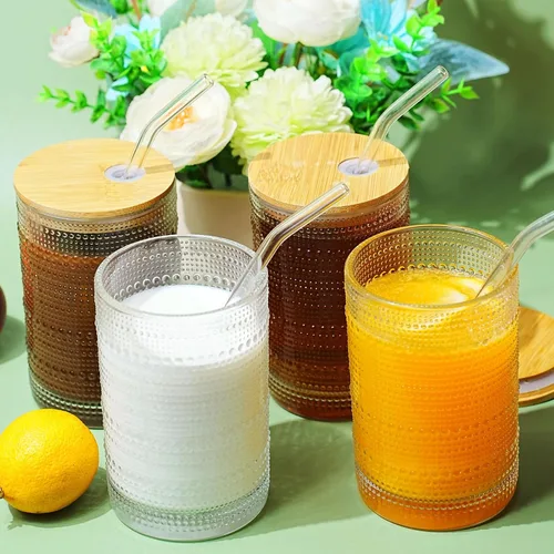 Vista 4 de Vasos de vidrio de 15 onzas con tapas y pajitas, cristalería vintage en relieve para whisky, cóctel, cerveza, taza de café helado con tapa