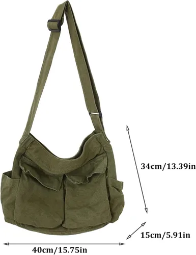 Vista 4 de Bolsa de mensajero de lona, bolsa de mensajero vintage con múltiples bolsillos, bolsas casuales grandes, bolsa de ocio de hombro para mujeres