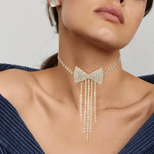 Vista 2 de ELABEST Collar con lazo de diamantes de imitación, gargantilla de borla brillante, pajarita, cadena de tenis, fiesta, discoteca, joyería para mujeres