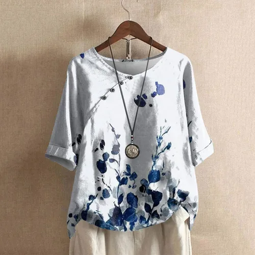 Vista 2 de Camisas de cuello redondo para mujer, camisetas de algodón más túnica con flores, cortas, de verano, de lino, ajuste holgado