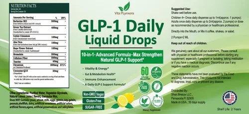 Vista 9 de Gotas líquidas de apoyo GLP-1, fórmula 10 en 1 con berberina, canela de Ceilán, fibra prebiótica y extracto de té verde Apoyo para el metabolismo