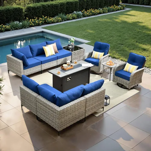 Vista 53 de ovios Muebles de patio de 8 piezas con hoguera, juego de conversación de mimbre de ratán para exteriores con mesa de centro brillante, cómodo sofá