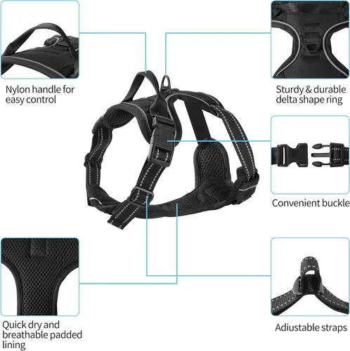 Vista 2 de Arnés negro reflectante sin tirones para perro con 2 clips para correa, chaleco acolchado suave para perros pequeños, fácil de poner y quitar