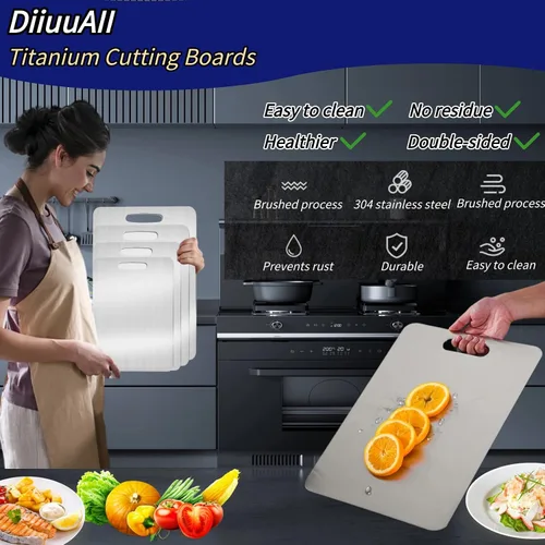 Vista 2 de Tablas de cortar de titanio para cocina, tabla de cortar de acero inoxidable de doble cara, diseño colgable, fácil de limpiar, duradera y resistente