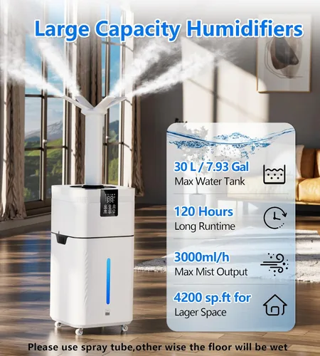 Vista 4 de Humidificador comercial de 30 l/7.93 galones para habitación grande, 4200 pies cuadrados, humidificadores de 101.4 fl oz/h para toda la casa