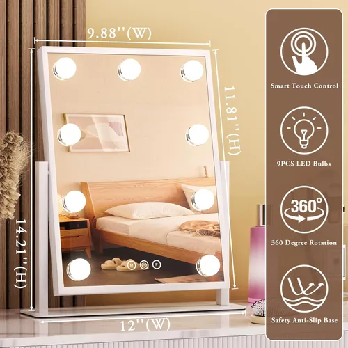 Vista 5 de Dirket Espejo de tocador con luces, espejo de maquillaje iluminado estilo Hollywood con 9 bombillas regulables y 3 modos de iluminación