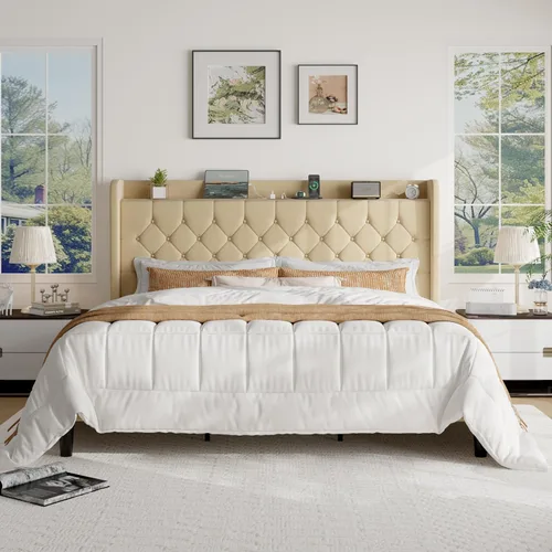 Vista 18 de SHA CERLIN Base de cama de plataforma de tamaño matrimonial con estación de carga, cabecera de lino con estante de almacenamiento, soporte