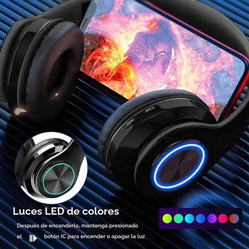 Vista 2 de Auriculares inalámbricos Bluetooth 2022, luces LED coloridas, cómodos auriculares plegables sobre la oreja con micrófono integrado, FM, ranura