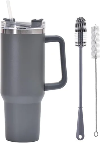 Vista 3 de Botella de agua aislada de acero inoxidable de 40 onzas con tapa con pajilla, vaso aislado al vacío de acero inoxidable con asa, vasos aislados Negro