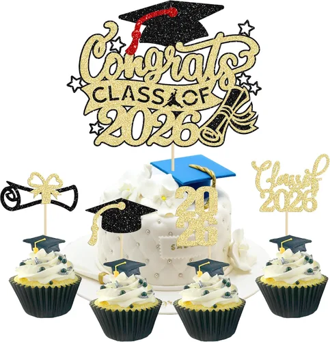 Vista 38 de Gyufise 24 piezas de decoración para cupcakes con purpurina para graduación 2026, decoración de pasteles para graduación 2026, decoración de Negro