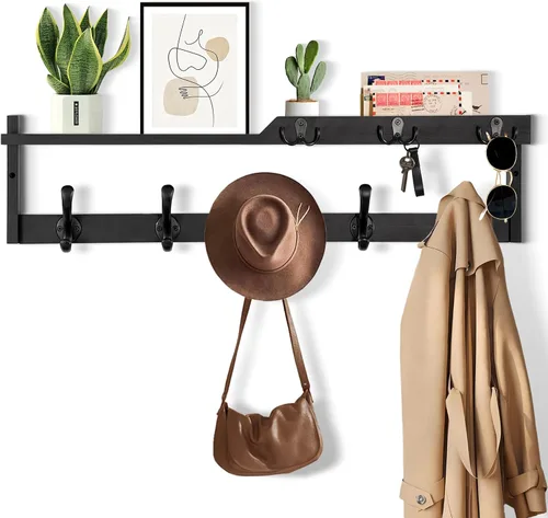 Vista 10 de dreampossible Perchero de pared con estante, perchero de pared con ganchos para llaves y soporte para correo, estante flotante de entrada de madera