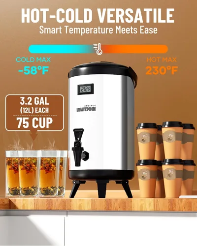 Vista 2 de WantJoin Paquete de 2 dispensadores de bebidas aislados, 75 tazas, urna de agua caliente y fría para catering, dispensador de bebidas calientes