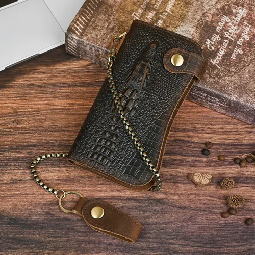 Vista 2 de Genuino caballo loco cuero viaje regalo moneda bolsillo tarjeta caso largo organizador cadena Rfid monedero con broche para hombres hombres 1088