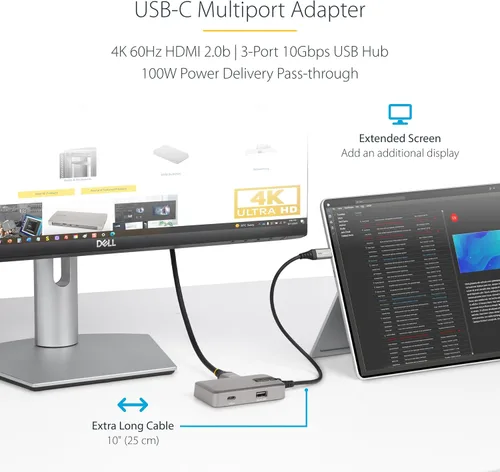 Vista 2 de StarTech Hub USB-C 4 en 1, HDMI 4K 60Hz, modo Alt, 100W PD, MacBook, TAA Extra long 10in 25cm cable, Surface Pro 7 iPad Pro HP Elite, Thunderbolt
