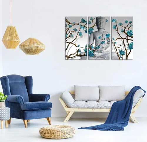 Vista 2 de Visual Art Decor 3 piezas de arte de pared de Buda estatua de Buda con flores azules abstractas, impresiones en lienzo para sala de estar