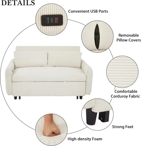 Vista 7 de KLMM Moderno sofá cama extraíble de 57.48 pulgadas, sofá cama convertible con 3 niveles de respaldo ajustable, dos almohadas y puertos USB