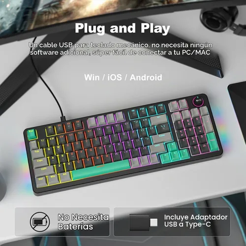 Vista 2 de Teclado mecánico AK96 con pantalla inteligente y perilla, montaje superior 96% teclado mecánico con cable USB-C, intercambiable en caliente, soporte