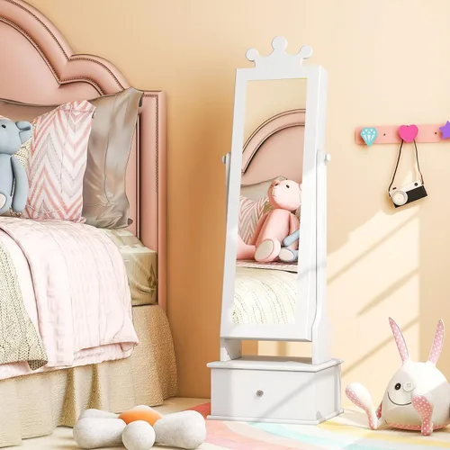 Vista 7 de Costzon Armario de joyería para niños, organizador de joyas de pie de 45 pulgadas con espejo de longitud completa, 3 cajones de almacenamiento