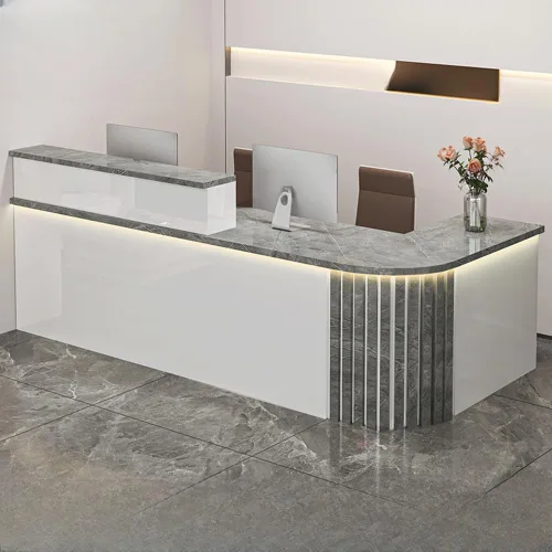 Vista 7 de LITFAD Recepción de computadora en forma de L - Escritorio de recepción de madera fabricada con gabinete, gestión de cables y bandeja para teclado