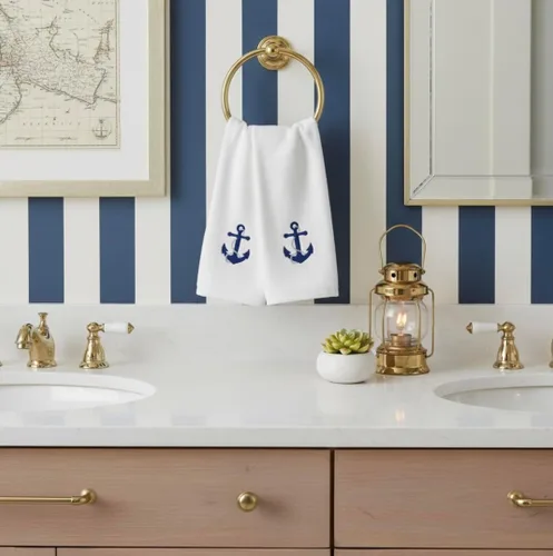 Vista 5 de Serafina Home Toallas de baño suaves y absorbentes para huéspedes: ancla azul náutica con diseño costero de cuerda gris plateada, 2 piezas de 12 "x