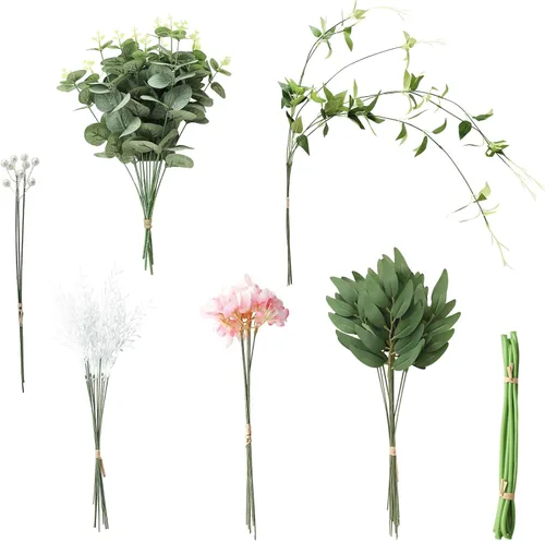 Vista 8 de Juego de tallos de follaje artificial, 59 piezas con 7 tipos de flores de follaje sintéticas para manualidades, ramos de novia, arreglos florales