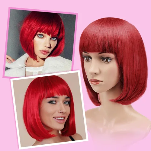 Vista 9 de AGPtek, 13 pulgadas, peluca estilo Bob discoteca, corto, recto, pelo resistente al calor, peluca completa, Rojo
