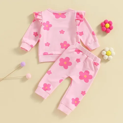 Vista 7 de MAYUMMPY Conjunto de 2 piezas de sudadera con cuello redondo floral y pantalones para bebé niña