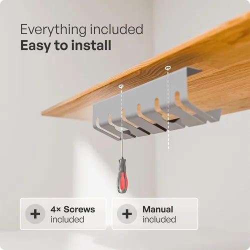 Vista 7 de PAMO Organizador de cables debajo del escritorio para un fácil montaje debajo de la mesa I Juego de 2 – con 10 bridas para cables I Organizador