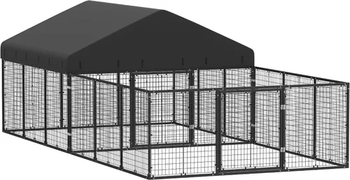 Vista 4 de Caseta de perro para exterior con valla para perros pequeños y medianos, recubrimiento antióxido, jaula con techo, resistente a todas
